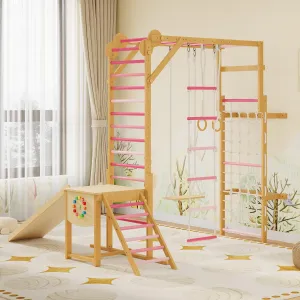 8-in-1 Indoor Jungle Gym for Kids 3-10 with Slide, Swing, Monkey Bars, Solid Wood, Climbing Rope, Gymnastic Rings, Pink, Indoor Playroom