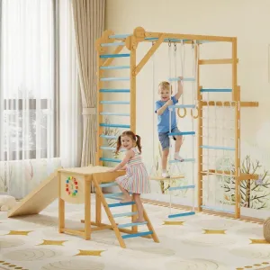 8-in-1 Indoor Jungle Gym Set for Kids 3-11 Years - Slide & Swing - Solid Wood Frame - Monkey Bars & Climbing Net - Compact Home Play Gym