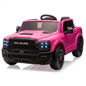 24V Ride On Toys Licensed RAM 2500, 2 Seater Kids Ride On Truck Car, Pink, Spacious Truck Bed, LED Lights, Bluetooth, Suspension, 3 Speed