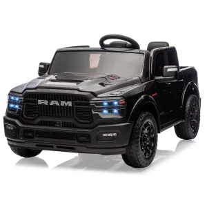 2-Seater Electric Ride-On Truck for Kids, 24V RAM 2500 Licensed, Bluetooth, Remote Control, Suspension, LED Lights, Black, Outdoor Adventure