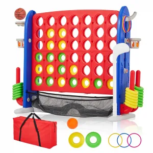Giant 4 In a Row Game,Adjustable Height Game Board Jumbo 4-In-a-Row Game with Quick-Release Slider,Mini Basketball,Golf & Ring Toss Set for Family Party, Outdoor & Indoor