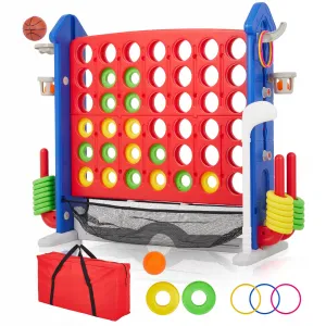 Giant 4-In-a-Row Game - Adjustable Height Board with Quick-Release Slider, Includes Mini Basketball, Golf, and Ring Toss Set for Family Parties, Outdoor & Indoor Fun