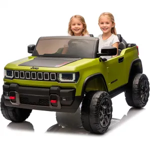 24V 2-Seater Electric Ride-On Truck for Kids Ages 3-8 – Licensed 4WD Battery Car with Parental Remote, 3 Speeds, Wireless Connection Music, LED Lights, Gradual Start – Ideal Gift Vehicle for Boys & Girls – Army Green