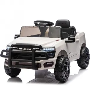 12V Ride On Truck Car RAM Licensed Pickup, Remote Control, Spring Suspension, Battery Powered, LED Lights, All-Terrain Tires, White, Outdoor Play