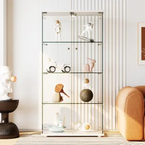 Glass Display Cabinet with LED Light, 32"L x 14"W x 65"H Tempered Glass, 4 Shelves, Lock, White, for Living Room Bedroom Office