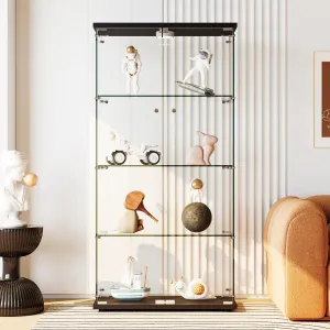 Glass Display Cabinet with LED Light, 32"L x 14"W x 65"H, Tempered Glass, 4 Shelves, Lock, Black, for Living Room Bedroom Office