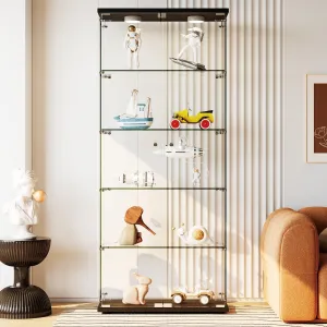 Glass Display Cabinet with LED Lights 32"L x 14"W x 74"H Tempered Glass Display Case, 5 Adjustable Lighted Bar Shelves with Lock, Slim Depth for Bar Bottle Storage, Living Room, Bedroom, or Office (Black)