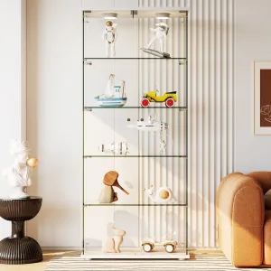 Glass Display Case with LED Lights 32"L x 14"W x 74"H Tempered Glass Display Case, 5 Adjustable Lighted Bar Shelves with Lock, Slim Depth for Bar Bottle Storage, Living Room, Bedroom, or Office (White)