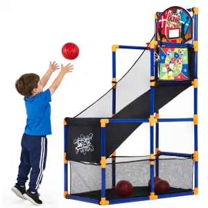 2-in-1 Kids Basketball & Dart Game Set with Adjustable Hoop, Ball Return Ramp, ABS Plastic, Includes 4 Basketballs & 6 Sticky Toss Balls, Indoor & Outdoor Play