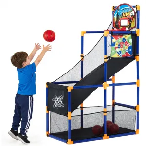 2-in-1 Kids Basketball & Dart Game Set with Adjustable Hoop, Ball Return Ramp, ABS Plastic, Includes 4 Basketballs & 6 Sticky Toss Balls for Indoor & Outdoor Play