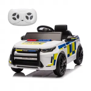 Kids Police Ride-On Car 12V Dual-Motor, Bluetooth, LED Lights, Safety Belt, Anti-Rollover Tires, White/Black, Outdoor Adventure Toy