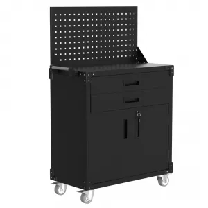 Mobile Tool Chest Cabinet with 2 Drawers & Pegboard, Heavy Duty Steel, Adjustable Shelves, Casters & Handle, Garage Workshop Workbench