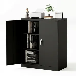 35" Metal Storage Cabinet, Heavy Duty Steel Cabinet with Lockable Doors, Adjustable Shelves, Rust Resistant, Compact Garage Cabinet for Office, Workshop or Home, Easy Assembly, Black