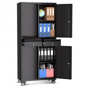 Heavy Duty 73" Metal File Cabinet with Lockable Wheels, Locking Doors, 2 Drawers, and Adjustable Shelves, Durable Mobile Storage Locker for Office Garage & Workshop, Black