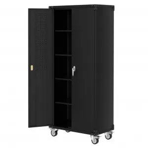 72" Locking Rolling Cabinet with Pegboard Doors, 4 Adjustable Shelves, Heavy-Duty Cold-Rolled Steel, Lockable Wheels, Scratch-Resistant, Garage Workshop Storage, Black