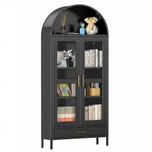 73" Tall Arched Pantry Cabinet with 2 Adjustable Shelves & Drawers, Modern Farmhouse Arched Bookcase with Glass Door, Freestanding Display Cabinet for Living Room, Home Office, Black