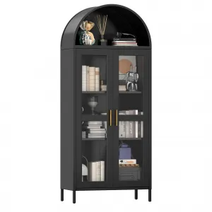 73" Arched Glass Door Storage Cabinet, Metal Storage Cabinet with 2 Adjustable Shelves, Modern Kitchen Pantry with Glass Door, Versatile Cupboard for Living/Dinning Room, Black