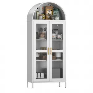 73" Arched Glass Door Storage Cabinet, Metal Storage Cabinet with 2 Adjustable Shelves, Modern Kitchen Pantry with Glass Door, Versatile Cupboard for Living/Dinning Room, White