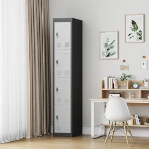 Metal Storage Cabinet with 4 Doors, 72" Single Storage Steel Locker with Door & Keys, Tall Secure Lockers for Employees Students with Shelves for School Gym Home Office, Light Gray & Black