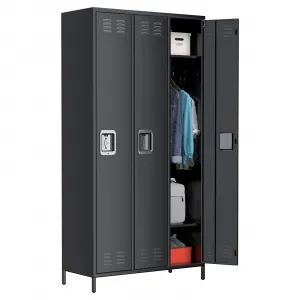 3-Door Metal Locker Cabinet with Lockable Doors, Metal Locker for Employees with 9 Hooks, Heavy Duty Rust-Resistant Steel Storage Cabinet with Hooks & Adjustable Shelves for Office, Garage, Gym