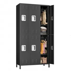 6-Door Metal Storage Locker Cabinet with Hooks & Adjustable Shelves, Metal Lockers for Employees with 12 Hooks and 6 Shelves, Lockable Steel Storage Cabinet for Office, Gym, Garage, School