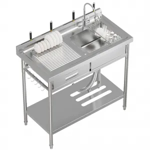 20"D X 40"W X 39"H Stainless Steel Laundry Utility Sink, Freestanding Single Bowl Kitchen Sink with Hot & Cold Water Faucet, Built-In Wash Board, Drawer, Drain Basket, Dish Rack for Laundry Room, Garage, Durable Rust-Resistant
