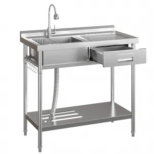 20"D X 40"W X 39"H Commercial Stainless Steel Utility Sink Freestanding Single Bowl Kitchen Sink with Cold & Hot Water Faucet Laundry Room Garage Rust-Resistant