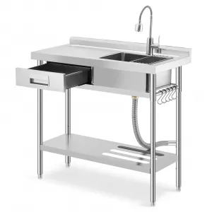 24"D X 40"W X 32"H Freestanding Stainless Steel Utility Sink with Workbench, Left Drawer, Commercial Kitchen Sink, Hot & Cold Water Faucet, Adjustable Legs, Indoor Outdoor, Silver