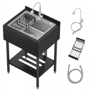 21"D X 26"W X 40"H Commercial Stainless Steel Utility Sink With Hot & Cold Water Faucet, Drain Basket For Indoor & Outdoor Use, Black
