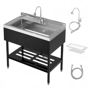20"D X 36"W X 35.5"H Commercial Stainless Steel Utility Sink, Black, Freestanding Kitchen Sink with Hot & Cold Water Faucet for Indoor and Outdoor Use