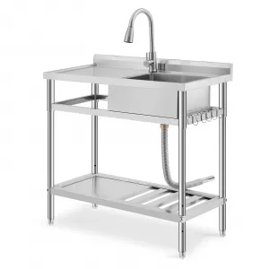 20"D X39"W X39"H Freestanding Stainless Steel Utility Sink with Workbench, Adjustable Legs, Storage Shelf, Knife Holder, Indoor Outdoor