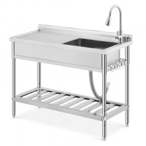 47"W X 20"D X 37"H Freestanding Stainless Steel Utility Sink with Workbench, Adjustable Legs, Storage Shelf, Knife Holder for Commercial Kitchen, Silver