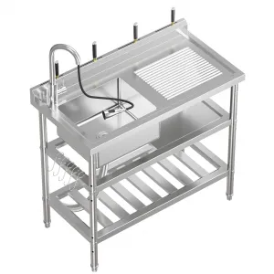 20"D X 39"W X 37"H Commercial Stainless Steel Utility Sink, Freestanding Single Bowl Laundry/Kitchen Sink with Pull-Down Hot & Cold Water Faucet, Built-In Wash Board, Open Shelf, Indoor/Outdoor Use