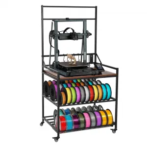 3D Printer Rack Filaments Storage 3-Tier Rolling Organizer with Wheels Power Strips Hooks Carbon Steel MDF Heavy Duty for Studios Offices