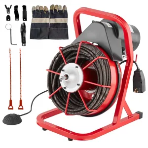 Drain Cleaner Machine 75FT Steel Cable 400W Motor 6 Cutters Foot Switch for 1-4in Pipes Heavy Duty Sewer Auger Sinks Toilets Showers