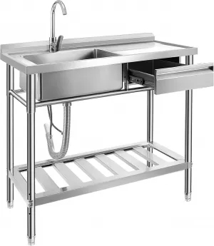 40"D x 20"W x 37"H Durable Stainless Steel Utility basin with Pull-Out Faucet Freestanding Single Bowl Laundry Room basin with Workbench & Drawer Storage – Ideal for Kitchen, Laundry, Farmhouse or Outdoor Use – Stainless Steel Color