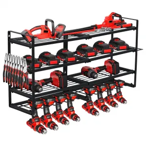 Power Tool Organizer Wall Mount 4-Layer Drill Storage Shelf 8 Holders Black Efficient Garage Workbench Workshop