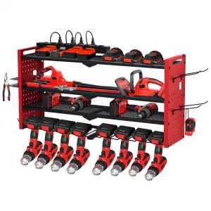 Power Tool Organizer Wall Mount with Charging Station, Heavy Duty 4-Layer Metal Garage Rack, 32.99"x8.66"x16.50", Black