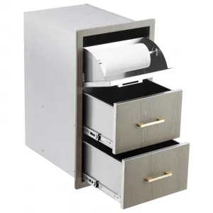 17"W x 30"H x 21"D Stainless Steel Outdoor Kitchen Double Access Drawers Weather-Resistant Combo with Built-in Paper Towel Holder for BBQ Island & Grill Station