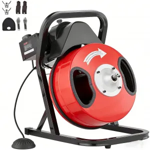 Electric Drain Cleaning Machine – 50FT x 1/2" Portable Sewer Snake Auger with 6 Cutters, Auto-Feed, Air-Activated Foot Switch, Heavy Duty Design, Wheels for Easy Transport, Cleans 1"-4" Pipes in Sinks, Toilets, Bathrooms – Size: 50FT