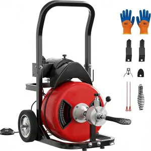 Drain Cleaner Machine - 75FT x 1/2 Inch Steel Core Cable, 370W Portable Electric Sewer Auger with Cutters, Air-Activated Foot Switch, and Wheels for Commercial and Home Use