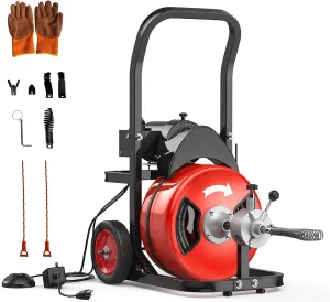 Powerful 100Ft x 3/4 Inch Electric Drain Cleaning Machine – 750W Auto-Feed Sewer Snake – 6 Cutter Heads – Air-Activated Foot Switch – For 4"-8" Pipes – Professional Plumbing Tool – Red Color