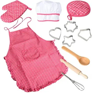 11-Piece Kids Chef Pretend Kitchen Playset – Includes Rose Red Apron, Chef Hat, Cooking Mitt & Cookie Cutters – Fun Role Play & Baking Tools for Girls, Ideal Birthday & Christmas Gift (Color: System default_1)