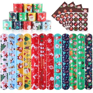 60Pcs Christmas Slap Bracelets for Kids with Snowflakes Santa-Christmas Kid's Bracelets Party Favors Pack for Kids Valentines Gift Classroom Exchange with 4 Sheets Sticker
