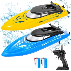 High-Speed RC Racing Boats 2-Pack for Kids & Adults – 2.4GHz, 10km/h, Self-Righting, 4 Rechargeable Batteries, For Pools & Lakes – Blue & Yellow – Multicolor
