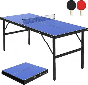 Portable Table Tennis Table, Mid-Size Ping Pong Table for Indoor Outdoor Foldable Table Tennis Table with Net, Blue, 60 x 26 x 27.5inch