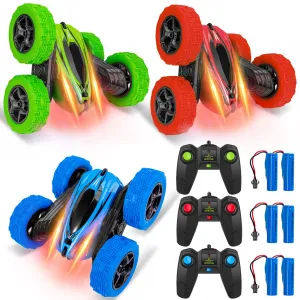3 Pack Remote Control Car RC Stunt Car for Kids,2.4Ghz High Speed Rock Crawler Vehicle,360 Rotating 4WD Off Road Double Sided Rotating Tumbling Rc Car with 6 Rechargeable Battery.