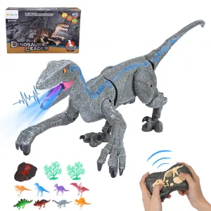 Realistic Remote Control Velociraptor Dinosaur Model Kit – 2.4GHz RC Walking & Roaring, 3D Eyes, Lights & Sounds – Building & Collectible Model for Kids Ages 4-12 – Blue Gray+GY205