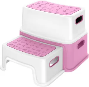 2 Step Stools for Kids, Toddler Step Stool for Toilet Potty Training, Anti-Slip Potty Stools with Numbers/ABC, Bathroom Step Stool for Kitchen - Pink