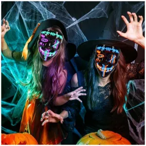 Halloween LED Mask with 3 Lighting Modes for Cosplay Costume, Blue/Red + Green/Purple - 2 Pack